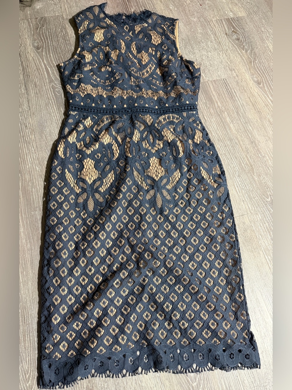 Just Me Navy Lace Midi Dress with Nude Underlay - Size M